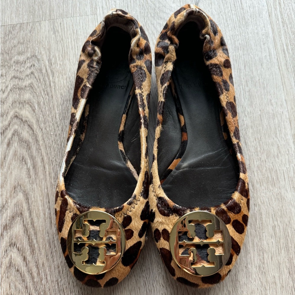 Tory Burch Leopard Print Reva Ballet Flats with Gold Logo